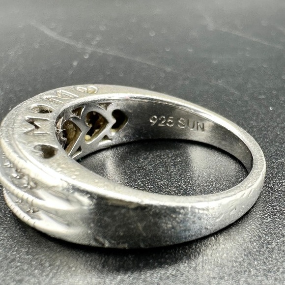 Diamond Ring Double Cluster Sterling Silver Statement "Mom" Carved Open Heart 7 - Picture 8 of 12